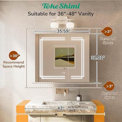 TokeShimi 36 x 32 Bathroom Medicine Cabinet with Lighted Mirror Tempered, LED Medicine Cabinet Mirror with 3 Colors Dimmable, CRI 80+, Anti-Fog, Memory Funtion, Wall Make up Mirror with Storage