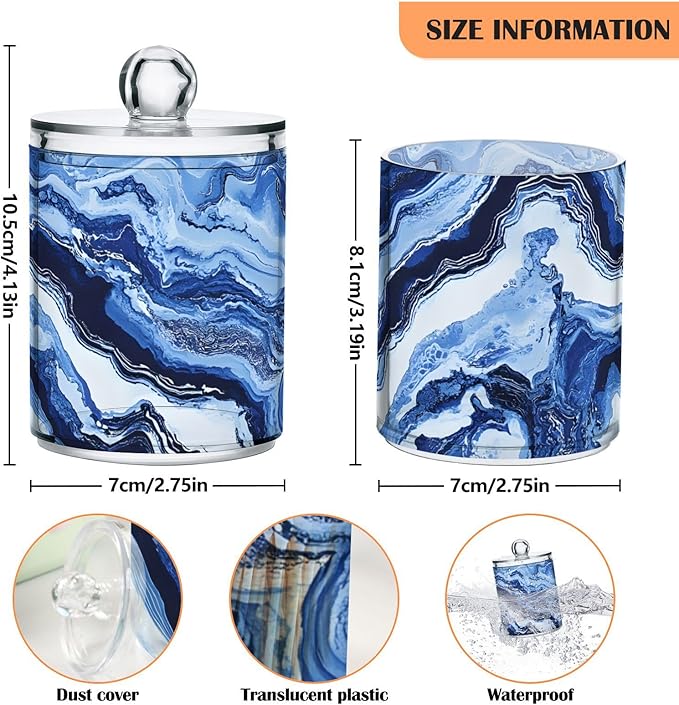 MNSRUU 4 Pack Qtip Holder Organizer Dispenser Blue Marbling Bathroom Containers Bathroom Vanity Storage Canister Apothecary Jars for Cotton Swabs/Pads/Floss