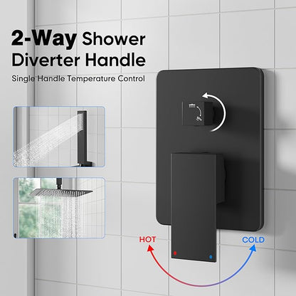 esnbia Shower System, Bathroom 12 Inches Rain Shower Head with Handheld Combo Set, Ceiling Mounted High Pressure Rainfall Dual Shower Head System, Shower Faucet Set with Valve and Trim, Matte Black