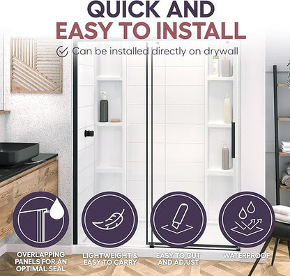 White Acrylic Shower Wall Surround 36"x 60"x 80" - Waterproof, Easy-to-Install, Two Shelf Units Kit Included - Shower Wall Surround Panels - Stacked Tiles Pattern, Classic Shelves