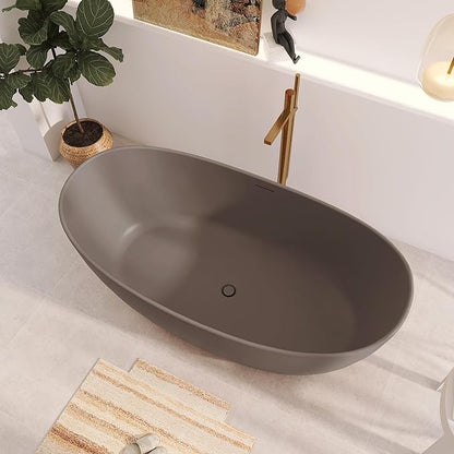 65" Premium Solid Surface Freestanding Bathtub, Contemporary Design Stand Alone Stone Resin Tub with Overflow and Pop-up Drain, Grey Coffee