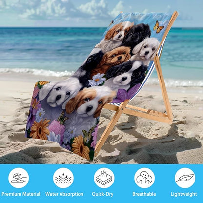 WZOMT Microfiber Dog Beach Towel, Cute Dog Bath Towels, Funny Puppy and Flowers Blue Pattern Print Towels for Kids Adults, Quick Dry Absorbent Pool/Swim/Travel/Yoga Towel, Oversized 32"x52"