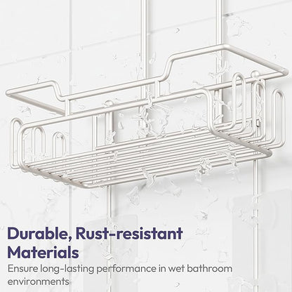 SWTYMIKI Bathroom Shower Caddy Hanging - Extended Length 2 Tier Rustproof Over Shower Head Organizer, No Drilling Bathroom Shelf with 14 Hooks & Soap Holder, Anti-Swing Rack, Sand Nickel
