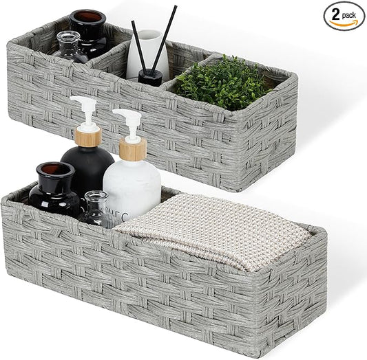 DULLEMELO Toilet Tank Basket, Set of 2 Plastic Wicker Bathroom Baskets for Organizing, Waterproof Toilet Paper Storage Basket for Bathroom, Light Grey