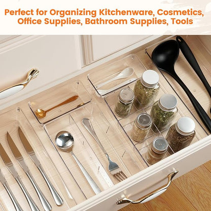 Criusia Drawer Organizer - 18 Pack Clear Large Kitchen Drawer Organization Trays, Non-Slip Dividers for Makeup, Jewelry, Utensils, Office, Bedroom, Bathroom