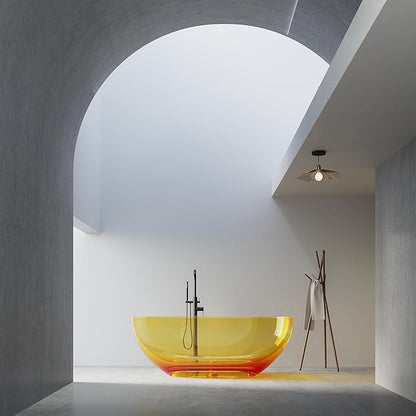 Solid Surface Freestanding Bathtub 61", Modern Oval Shape Soaking Tub, Stone Resin Stand Alone Bathtub with Drain & Integrated Slotted Overflow Transparent Orange AMFS303-1550-Orange