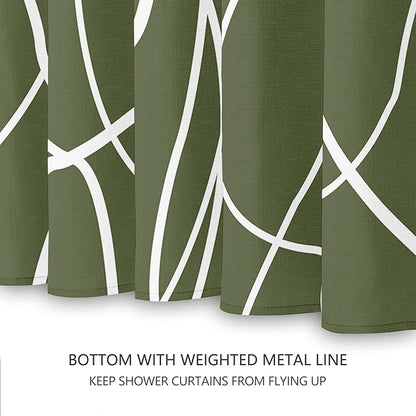 Tititex Morden140gms Faux Linen Fabric Bath Shower Curtain Set Textured Fabric with Olive White Curve Pattern 72x72 Inch Water Resistant Bathroom Curtains, Weighted Hem & Hooks for Hotel/Home