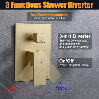 Enga Brushed Gold Rain Shower System with 4 Body Shower Jets 12inch Wall Mount Rainfall Shower Head & Handheld, Multi Shower Head System Rain Shower Faucets sets Combo with Rough-in Valve