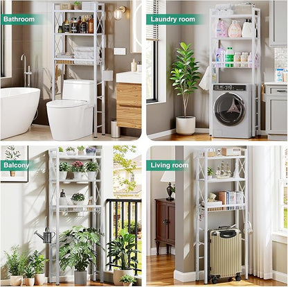 Over The Toilet Storage with X Shape Side Guardrail, 3-Tier Over Toilet Storage Rack with Drain Basket, Freestanding Bathroom Organizer for Balcony Laundry, Pure White