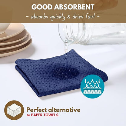 Native Fab Waffle Kitchen Towels - 12 Pack, 100% Cotton Soft, Absorbent, Durable, Washable Dish Towels, Quick Drying, Dishcloths for Cleaning, Cooking, Everyday Kitchen Tasks, 16x26 inches - Ink Blue