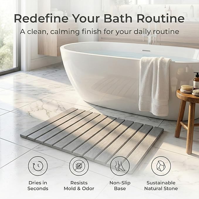 Stone Bath Mat | Extra Large 23.6 X 15.5 Foldable Diatomaceous Earth | Quick Drying Bath Mat | Non Slip Super Absorbent Bathroom Floor Mat | Fast Drying Water Absorbing Stone