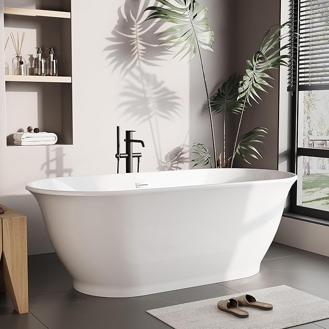 Freestanding Bath Tub 67 Inch Acrylic Oval Soaking Tub – Extra Large Freestanding Bathtub with Integrated Overflow, Glossy White Stand Alone Soaking Tub for Family Bathroom or Main Suite Upgrade