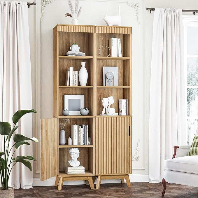 68" Tall Bathroom Storage Cabinet,Narrow Fluted Tower Cabinet with Door and Shelves,Slim Space Saving Storage Unit for Bathroom Kitchen Living Room (Natural, 11.8" D x 15.75" W x 68" H)