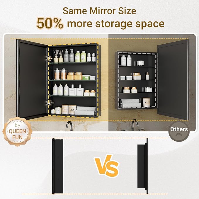 48x30 Black Medicine Cabinet with Mirror, Surface or Recessed Pre-Assembled Medicine Cabinet Mirror for Bathroom, Aluminum Beveled Frame Bathroom Vanity Mirror with Adjustable Shelves Storage