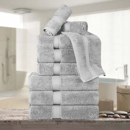 BNM Egyptian Cotton Heavyweight Towels, Ideal For Bathroom, Shower, Spa, Hotel, 800 GSM, Face/ Washcloths, Hand Towels, Bath Towels, Highly-Absorbent, Luxury Home Basics, 9 Piece Towel Set, Silver