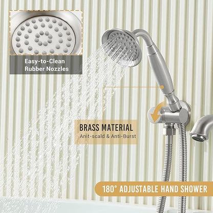 DASAN Antique Wall Mount Tub Filler Faucet with Hand Held Shower, Brushed Nickel Bathtub Faucet with Sprayer Wall Mounted Roman Bath Tub Faucet Set with High Flow Rough in Valve, AT201TF-BN