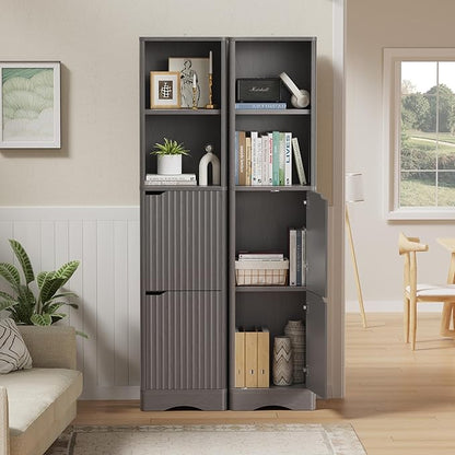 67" Tall Bathroom Organizer and Storage, Narrow Storage Cabinet with 2 Doors and 4 Shelves, Freestanding Floor Storage Unit,15.7" W x 11.8" D x 66.9" H, Grey
