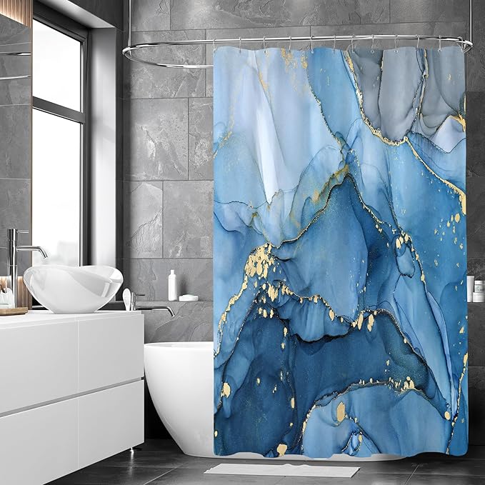 Extra Wide Marble Shower Curtain 108 x 72, Blue Abstract Shower Curtains for Claw Foot Tub, Modern Luxury 108 inch Long Shower Curtain Set with 18 Pack Plastic C-Hooks