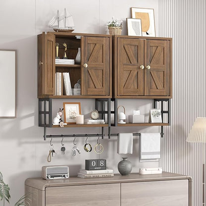 Farmhouse Medicine Cabinet - 3-Tier Wall Mounted Storage Organizer with Adjustable Shelves, Towel Bar, 5 Hooksfor Small Bathroom, Laundry Room, Over Toilet, Living Room, Bedroom (Walnut)