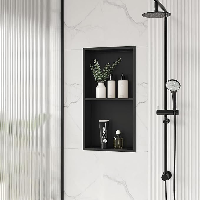 Stainless Steel Shower Niche 24" X 12", No Tile Needed Wall Niche Double Shelves, Recessed Shower Shelf for Bathroom Storage, Matte Black
