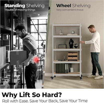 HOMEDANT House 5-Tier Metal Rolling Cart Shelf Rack Casters Heavy Duty Laminated Wheel Shelving Unit Adjustable Utility Storage Shelves Organizer Shelf Kitchen Garage (2, (L) 48.1" W, White)