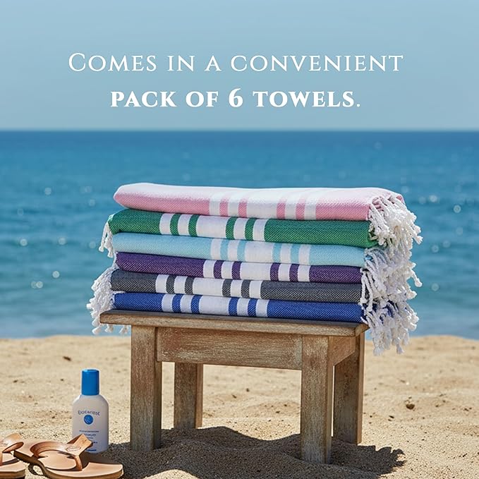 Turkish Cotton Beach Towel Pack of 6 & 1 Boho Tote Bag - Hammam Towels - No Shrink - Quick Dry - Lightweight - Sand Free - Camping - Pool - Blue,Gray,Purple, Coral,Green,Navy (40"x70")