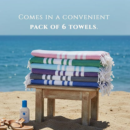 Turkish Cotton Beach Towel Pack of 6 & 1 Boho Tote Bag - Hammam Towels - No Shrink - Quick Dry - Lightweight - Sand Free - Camping - Pool - Blue,Gray,Purple, Coral,Green,Navy (40"x70")