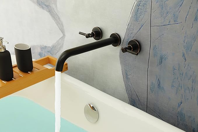 Wall Mount Tub Filler，Two Handle Bathtub Faucet, Extra Long Spout Reach with High Water Flow, Brass Rough in Valve Included, Oil Rubbed Bronze