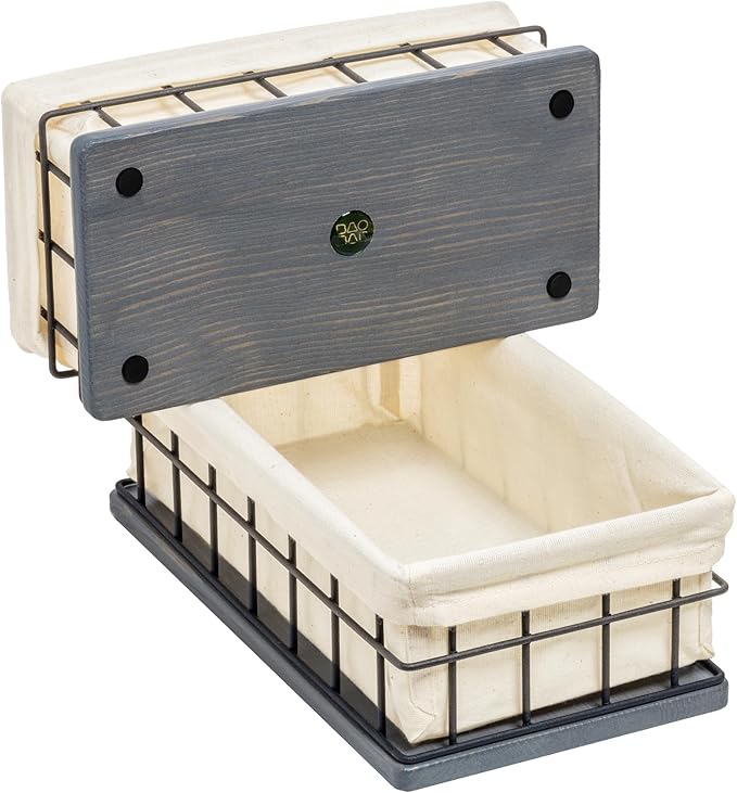 BAOBAB WORKSHOP Set of 2 Metal & Wooden Basket with Liners - Bathroom Basket Organizer & Kitchen Storage Decor - Toilet Paper Baskets for Back of Toilet Tank Tray Topper
