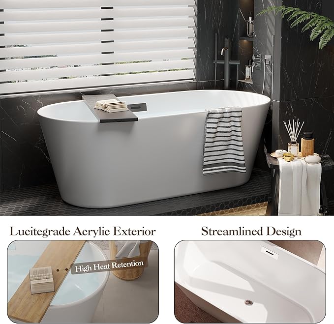 59 in Acrylic Freestanding Bathtub - Extra Deep Soaking Tub for Adults, Stand Alone Tub with Integrated Overflow Drain, CUPC Certified Modern Bathroom Tub, White