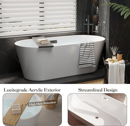 59 in Acrylic Freestanding Bathtub - Extra Deep Soaking Tub for Adults, Stand Alone Tub with Integrated Overflow Drain, CUPC Certified Modern Bathroom Tub, White