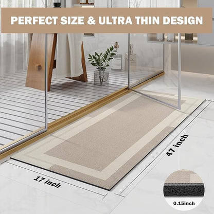 Non Slip Long Bath Mat Bathroom Runner, Rubber Backing Ultra Thin Bathroom Rugs Fit Under Door Quick Dry Super Absorbent Washable Bath Rug Shower Mat for Bathtub Sink Floor, Beige 17"x47"