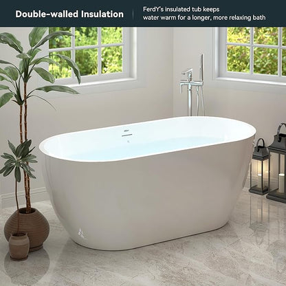 FerdY 59" Bali Acrylic Freestanding Bathtub, Gracefully Shaped Freestanding Soaking Bathtub, cUPC Certified, Toe-Tap Matte Black Drain and Minimalist Linear Design Overflow Included