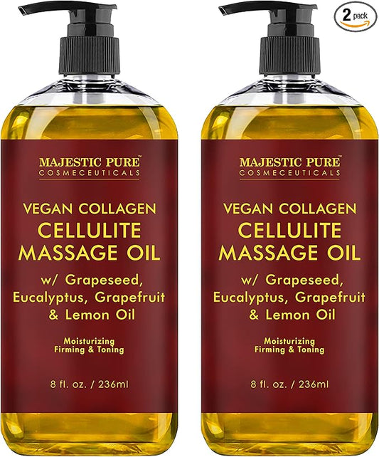 Majestic Pure Firming Body Massage Oil with Collagen – Helps Smooth The Appearance of Cellulite & Improve Skin Texture – Refreshing Aromatherapy Body Oil for Legs & Full Body – 8 Fl Oz Pack of 2