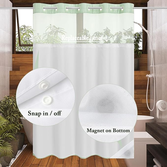 Gibelle Extra Long Shower Curtain 72x86, Waffle Weave Bathroom Shower Curtain with Snap-in Fabric Liner Set, No Hooks Needed, Hotel Style with Mesh Top Window, Mint Green