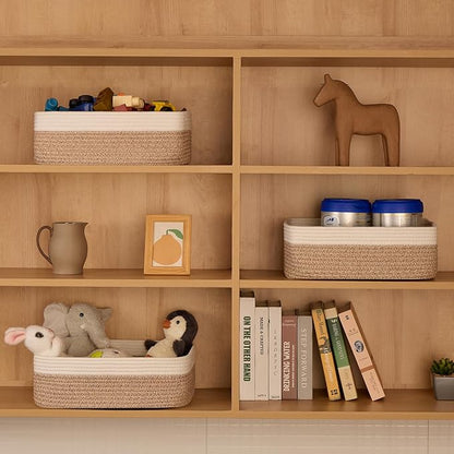 Large Shallow Organizing Baskets 15x11x5.1 Inches - Rope Woven Storage Bins for Bathroom, Shelves, Cube Closet, White Mixed Brown 4 Packs
