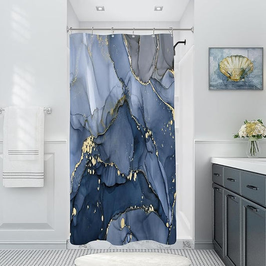 Small Stall Marble Shower Curtain 36 x 72 Inch, Half Narrow Abstract Modern Shower Curtains for Bathroom, Luxury Art Ink Texture Fabric Shower Curtain Set with Hooks, Navy Blue