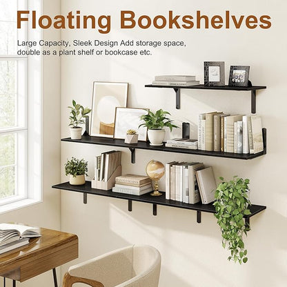 Fun Memories Deep Floating Shelves for Wall, 12 Inch Deep Black Wall Shelf, 24 Inch Long Floating Shelves with Bracket Set of 2, Rustic Deep Storage Shelf for Bedroom, Living Room, Kitchen