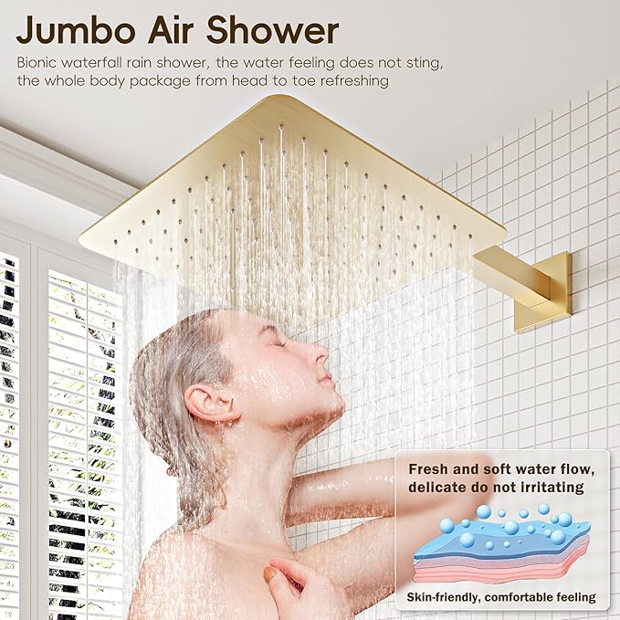 Gold Shower System, Shower Faucet Set with High Pressure 12 inch Shower Head and HandHeld, Wall Mounted Bathroom Shower Head Set,Shower Faucet Rough-in Valve and Trim Kit, Brushed,Gold
