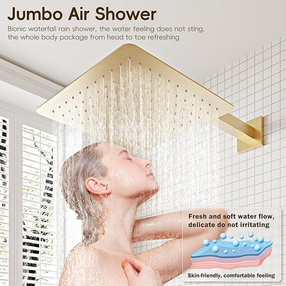 Gold Shower System, Shower Faucet Set with High Pressure 12 inch Shower Head and HandHeld, Wall Mounted Bathroom Shower Head Set,Shower Faucet Rough-in Valve and Trim Kit, Brushed,Gold