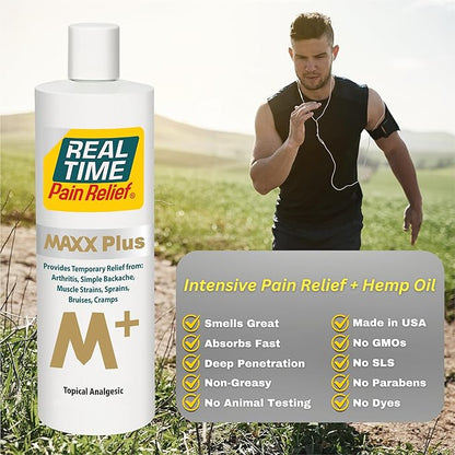 Real Time Pain Relief MAXX Plus - 12oz Bottle | Intensive Formula with 19 Natural Ingredients Including Hemp Seed Oil | Fast-Acting Relief for Muscle Pain, Arthritis, Backaches, and More