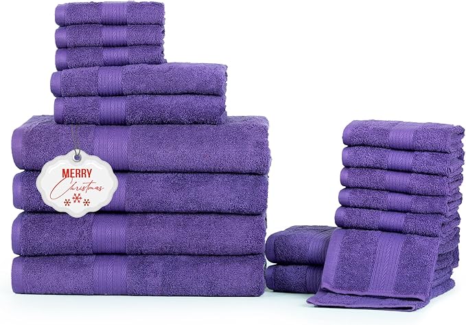 Ample Decor Bathroom Towel Set of 18-4 Hand Towel, 4 Bath Towel, 10 Wash Cloths - Oeko Tex Certified 600 GSM 100% Cotton - High Absorbency Quick Drying, Ideal for Gifting - Purple