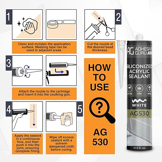 Adhesive Guru AG530 Siliconized Acrylic Sealant (24x10.5 fl oz), Waterproof Paintable Caulk for Bathtubs, Windows, Showers, Indoor Outdoor Caulking Weatherproof, White - 24 Pack