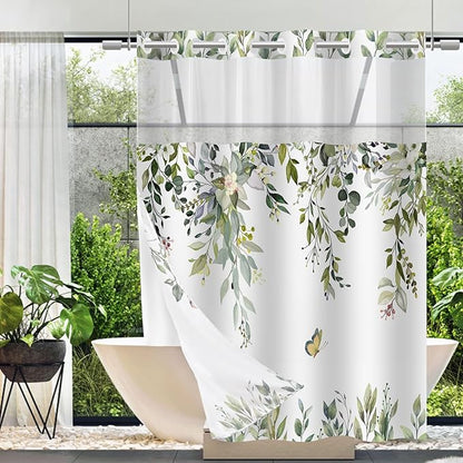 No Hook Shower Curtain and Liner Set, Sage Green Eucalyptus Floral Shower Curtains for Bathroom, Bath Curtain Sets with Snap in Liner, Waterproof with See Through Top Window, 71x74 Inches