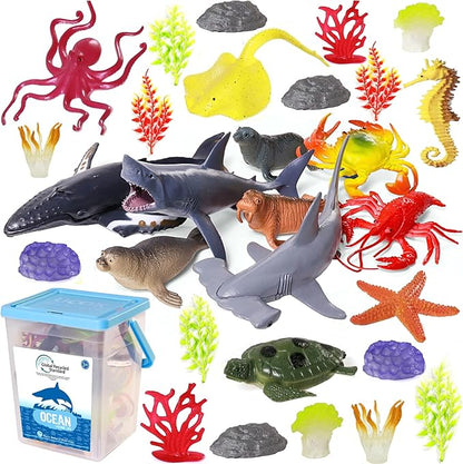 Ocean Sea Animal Figure Toys for Kids 3-5, Realistic Sea Life Figures Animal Creature Sand Toys Beach Bath Playset Include Shark Whale Corals Seagrass Crab Octopus Turtle for Toddler Boys & Girls