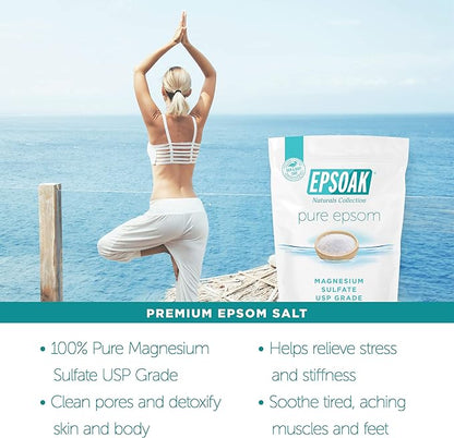 Epsoak Epsom Salt – 10 lb (Two 5 lb Resealable Bags), Magnesium Sulfate USP, Unscented, Made in USA, Perfect for Bath, Spa, and Soaking