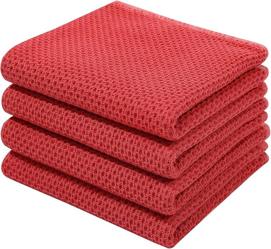 Homaxy 100% Cotton Waffle Weave Kitchen Dish Towels, Ultra Soft Absorbent Quick Drying Cleaning Towel, 13 x 28 Inches, 4-Pack, Brick Red