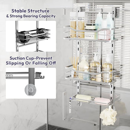 SWTYMIKI Over the Door Shower Caddy - 3 Tier Adjustable Shower Organizer Hanging with Soap Holder, No Drilling Stainless Steel Bathroom Rack Hanging for Body Wash, Shampoo, Soap, Razor, Silver