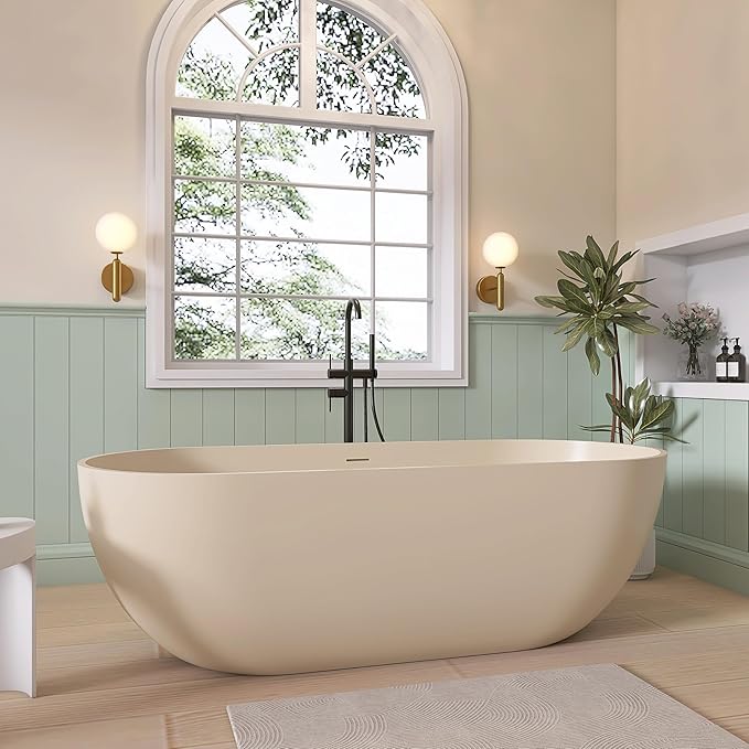 SJ STAR&JANE 69" Solid Surface Freestanding Bathtub,Milk Coffee Stone Resin Soaking Tub, Modern Stand Alone Tub for Bathroom, Integrated with Overflow & Pop-up Drain
