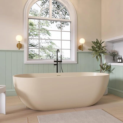 SJ STAR&JANE 69" Solid Surface Freestanding Bathtub,Milk Coffee Stone Resin Soaking Tub, Modern Stand Alone Tub for Bathroom, Integrated with Overflow & Pop-up Drain